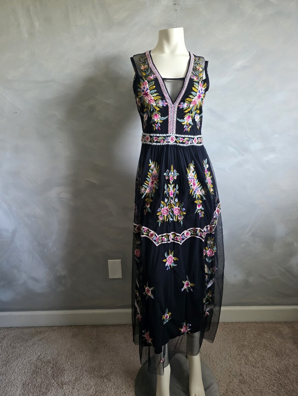 Moonlight Rendezvous Maxi Dress Floral Embroidered Black Sundance Sz XS